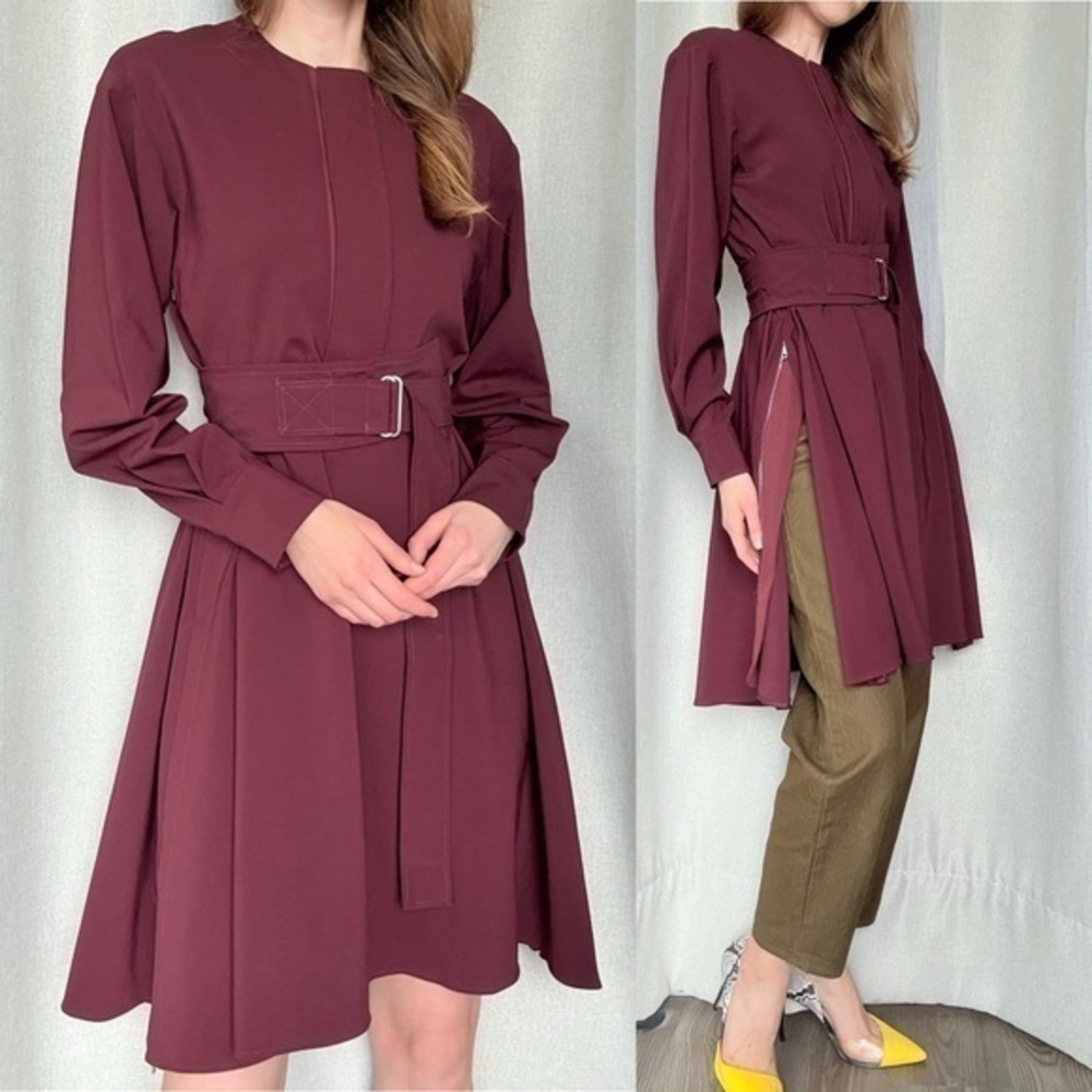 Sportmax Virgin Wool Maroon Long Sleeve Zip Midi Dress XS (2)